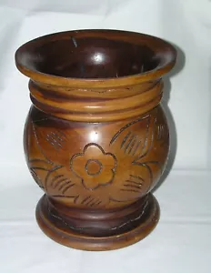 DECORATIVE CARVED WOOD WOODEN FLOWER PINEAPPLE VASE - Picture 1 of 3