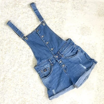 Superdry Small Shortall Overall Shorts Blue Jean Denim Button Front Distressed - Image 1 of 4