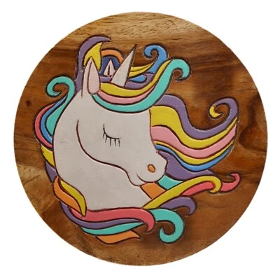 Kinderhocker Holz Massiv  mit eingeschitztem Einhorn Rund Schemel Für Kinder - Bild 1 von 4