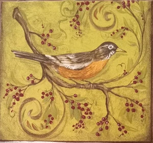"Robin Vogel mit roten Beeren" ~ Baumwollstoffblock ~ 7"x7,25" - Bild 1 von 2