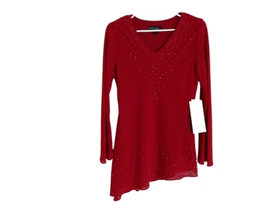 NUEVO CON ETIQUETAS MUJER TOP TÚNICA DAWN JOY Noche Asimétrica Manga Larga Rojo Cuentas Talla 8 Foto 1 de 4