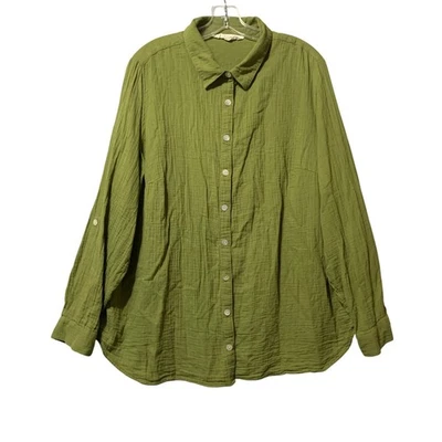 Magnolia Grace Womens Shirt 2X Olive Green Gauzy Cotton Up Long Sleeve Lagenlook - Image 1 of 4