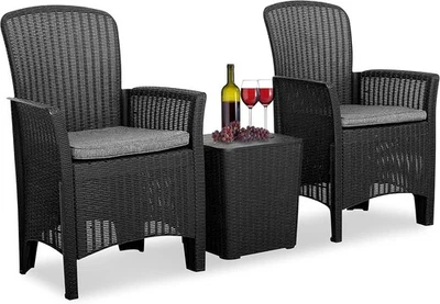 SereneLife Patio Porch Furniture Sets- 3 Pcs Rattan Wicker Chairs w/ Table-Black - Image 1 of 4