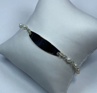 VTG 925 Sterling Silver JC Signed ID Bracelet with White Pearls,  8” NOS - Image 1 of 4