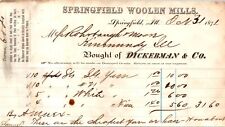 Springfield Woolen Mills Springfield IL 1871 Billhead Dickerman Co Yarns