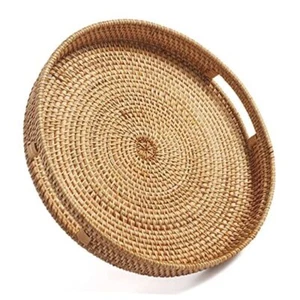 Round Rattan Serving Tray Decorative Woven 11.8 inch x 2.4 inch Natural - Picture 1 of 8