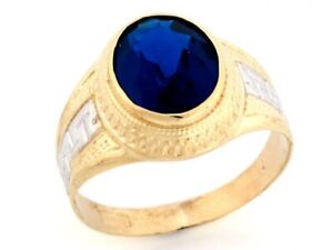 10k or 14k Two Tone Gold Blue Simulated Sapphire Mens Birthstone Greek Ring