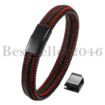 Brazalete pulsera brazalete de cuero trenzado con cierre magnético de acero inoxidable para hombre Foto 1 de 4
