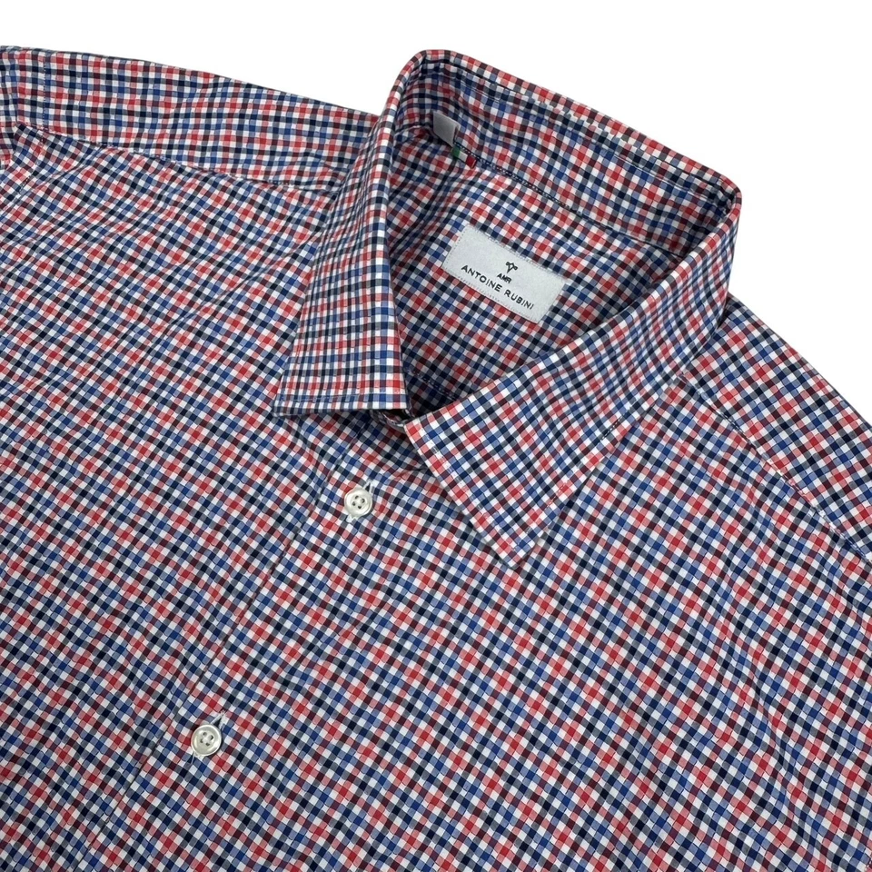 Antoine Runbini Мужская Seersucker L/S рубашка красный/синий чек • Италия • размер 16 - Изображение 1 из 4