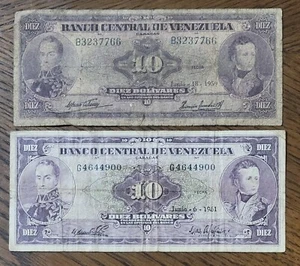Venezuela 10 bolivares, 1959 & 1961, used. See pictures. - Picture 1 of 2