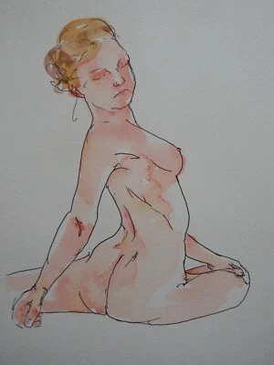 Original pen & ink watercolour painting of a female nude in a floor seated pose - Image 1 of 4