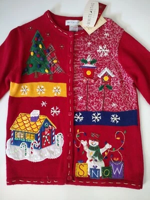 Bonito cárdigan de Navidad suéter rojo M botón bordado a mano blanco ciervo para mujer Foto 1 de 4