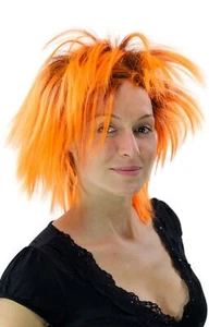 Wig Women Men Punky 80s Punk Wave Hairstyle High Teased Black Orange - Picture 1 of 3