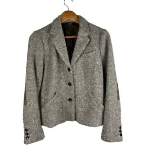 Eddie Bauer Women's 6 Wool Blend Tweed Gray Blazer Brown Elbow Patch Academia - Picture 1 of 10
