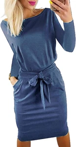 Women'S Fall Bodycon Party Dress Casual Long Sleeve Tie Waist Fitted Sheath Penc - Picture 1 of 12