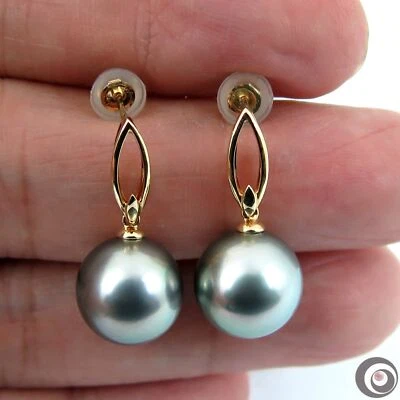 Pendientes grandes de perlas genuinas del Mar del Sur de Tahití, oro amarillo macizo de 14 K #E2142 Foto 1 de 4