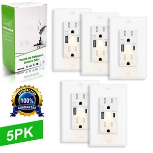 5-Pack USB A/C 24W Fast Charging Outlets with Night Lights 4.8A Manual On/Off - Picture 1 of 12