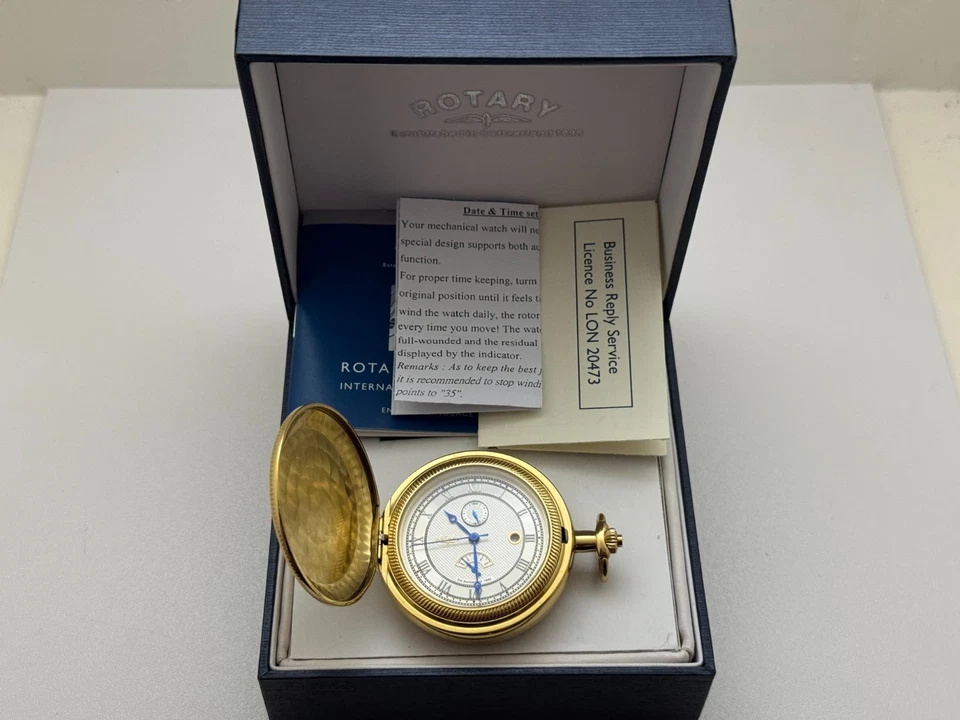 Vintage Rotary Gold Plated Automatic  Skeleton Pocket Watch Papers And Box VGC — 第 1/4 张图片
