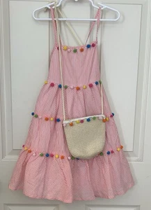 Tommy Bahama Pom Pom Dress Girl Sz 6 Tiered Lined Orange Striped Rainbow W/ Bag - Picture 1 of 7