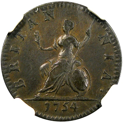 1754 G. BRIT 1/4P NGC VF35 GEORGE II FARTHING ~ COLONIAL AMERICAN MONEY! - Image 1 of 4