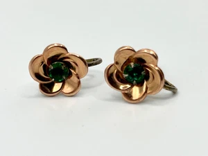 Vintage Ohrringe goldfarben Blume Schraubverschluss mit smaragdgrünen Strasssteinen - Bild 1 von 9