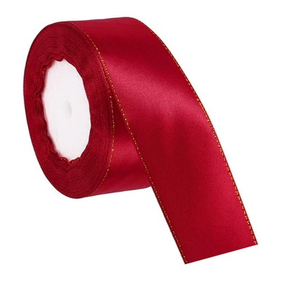 Cinta de satén de doble cara de 1-1/2 pulgadas x 24 yardas con borde dorado, vino Foto 1 de 4