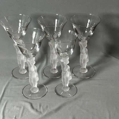 5 Pc Vintage Bayel Crystal Stemware Glasses Male Nude - Image 1 of 4
