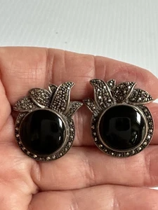VTG ART DECO STYLE 925 STERLING SILVER ONYX MARCASITE CLIP ON EARRINGS 1.25’ - Picture 1 of 24