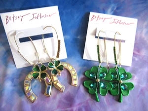 Betsey Johnson Authentic Lucky Horseshoe Drop Earrings Lucky Shamrock Earrings - Picture 1 of 11