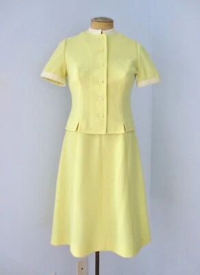 Vtg 70s Leslie Fay Yellow 2-Pc Fit Flare Ringer Dress Jacket Secretary Suit S/M - Image 1 of 4