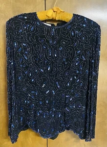 Stenay Beaded Sequined Evening Blouse , Blue, Size XL, 100% Silk, Holiday, Party - Picture 1 of 3