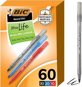 BIC round Stic Xtra Life Assorted Ink Ballpoint Pens Medium Point1.0Mm 60-Count - Picture 1 of 11