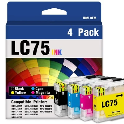 LC75 Ink Cartridge 4PK High Yield for Brother LC75XL LC71 LC79 MFC-J6710DW - Image 1 of 4