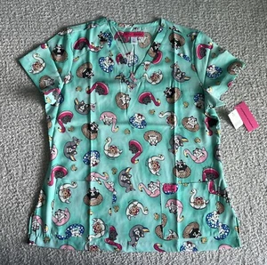 Koi Betsey Johnson Scrub Top Women’s Large Green Pool Cat Dog Nursing Medical - Picture 1 of 11
