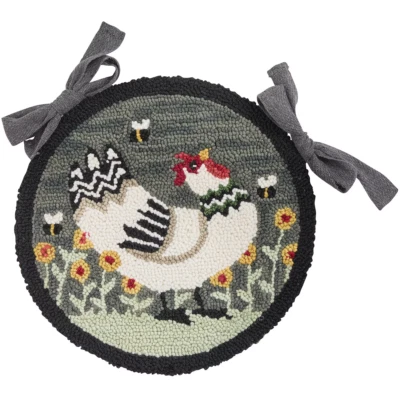 My Little White Hen Hooked Chair Pad Primitive Country Farmhouse Grey Black Park - Image 1 of 2