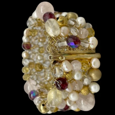 Bracciale donna elegante vintage in argento 925 dorato pietre e perle irregolari - Immagine 1 di 4