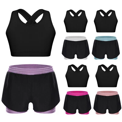 Kids Girls Crop Top and shorts Set 2 Pieces Workout Dance Gym Tracksuit Outfit - Image 1 of 3