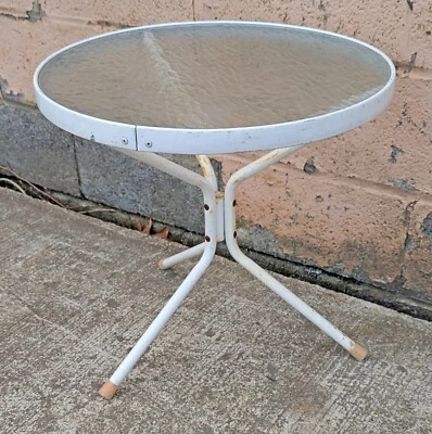 Vintage Old White Painted Metal Patio Table Round Circle with Textured Glass Top - Image 1 of 3