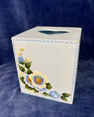 Vtg Hand Painted Wood Tissue Box Floral SMW Retro Folk Art Blue Cube Heart - Image 1 of 4