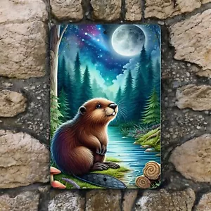 Beaver Metal Wall Sign - Forest Wildlife Decor, Rustic Lake Moonlit Scene 8x12 - Picture 1 of 3