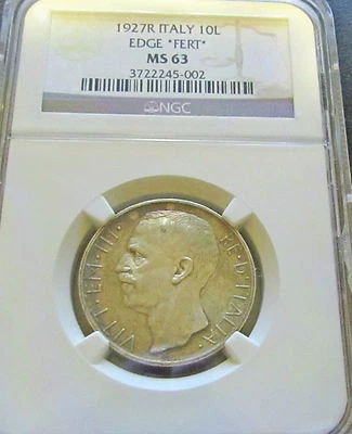 Italy 1927 R 10 Lire Silver Edge *Fert*  NGC MS 63 Choice UNC Toner  - Image 1 of 3