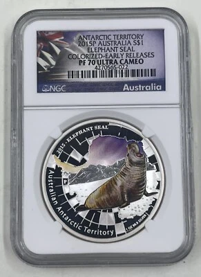 2015P Australia S$1 NGC PF70 Ultra Cameo Elephant Seal Antarctic Territory - Image 1 of 4