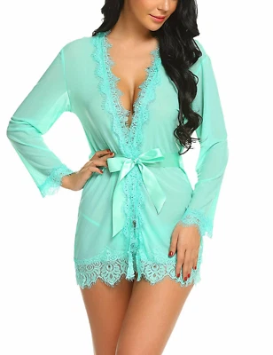 Roupão de renda feminino fio dental roupa de dormir sexy lingerie roupa íntima babydoll - Imagem 1 de 3