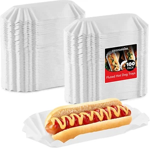 Paper Hot Dog Trays (100 Pack) 6” Fluted Paper Hot Dog Liners - Disposable White - Picture 1 of 7