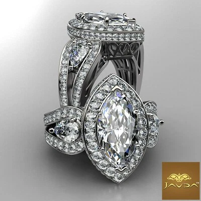 Anillo de compromiso de diamantes marquesa pavé halo vintage de 3,56 quilates con 3 piedras oro GIA D-SI1 Foto 1 de 4