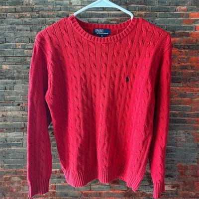 VTG Polo Ralph Lauren Cableknit Sweater Youth Red Cotton Preppy Crewneck Med - Image 1 of 3