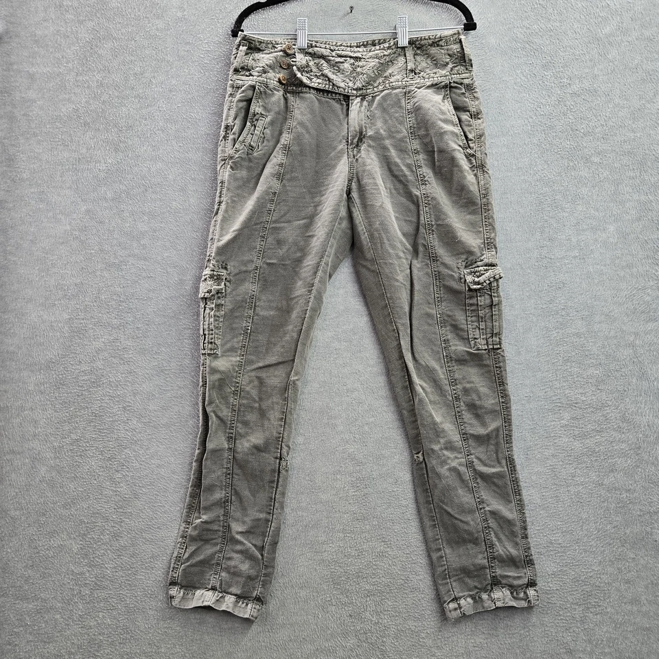 Pantalones Sundance Mujer 4 Gris Algodón Lino Carga Botón Bordado Y2K Foto 1 de 4