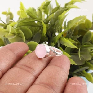 Anillo de plata esterlina solitario étnico hecho a mano con piedras preciosas de calcedonia rosa solitario esposa - Imagen 1 de 9