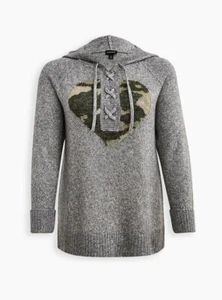 Torrid Long Sleeve Raglan Hoodie Chunky Yarn Camo Heart Gray 5 5X 28 #B35058 - Picture 1 of 4