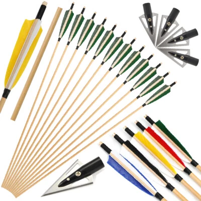 31.5" Traditional Wooden Arrow Shaft 5" Turkey Feather Longbow Archery Hunting - Image 1 of 4